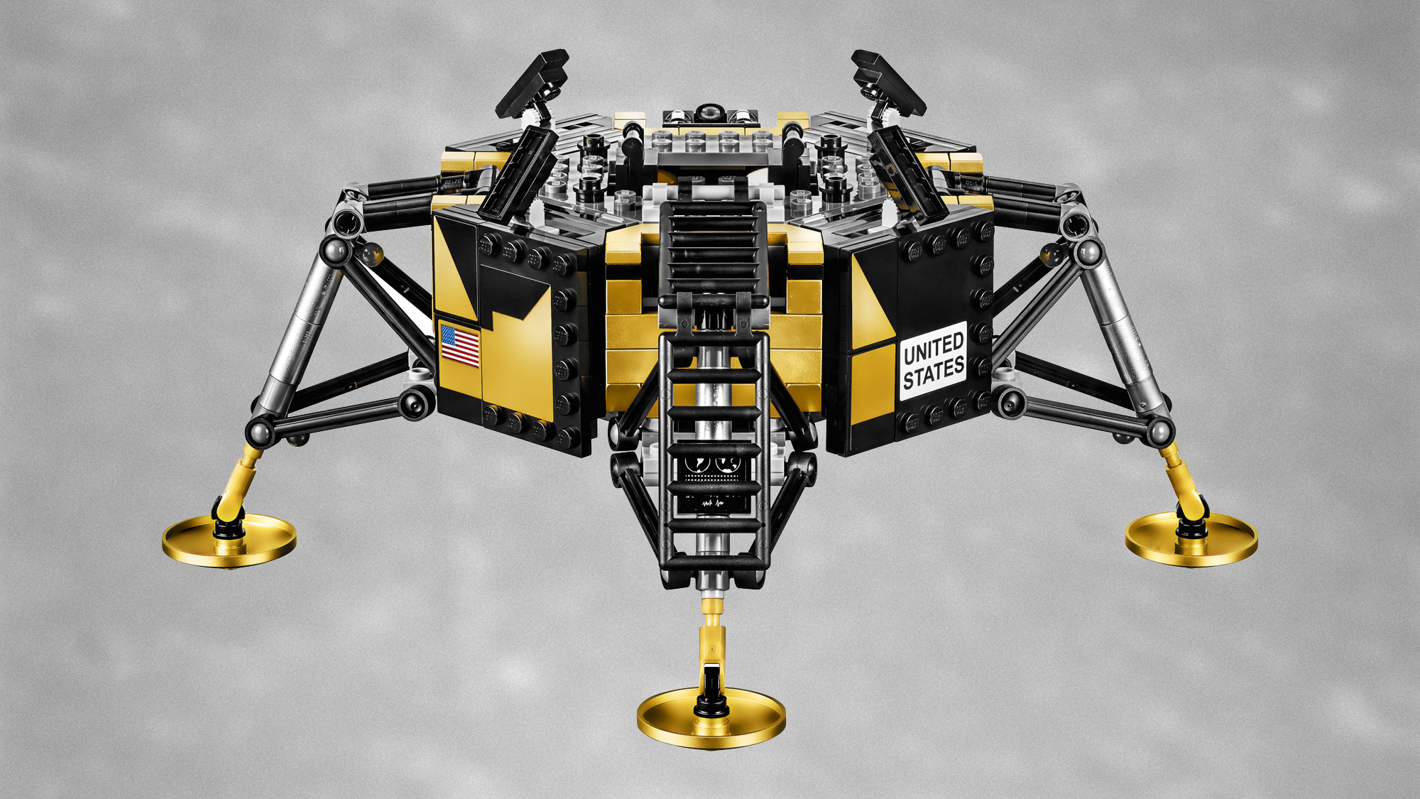 The descent stage of the Lego Creator Apollo 11 Lunar Lander, with the ladder astronauts used to climb down to the moon's surface in full display.