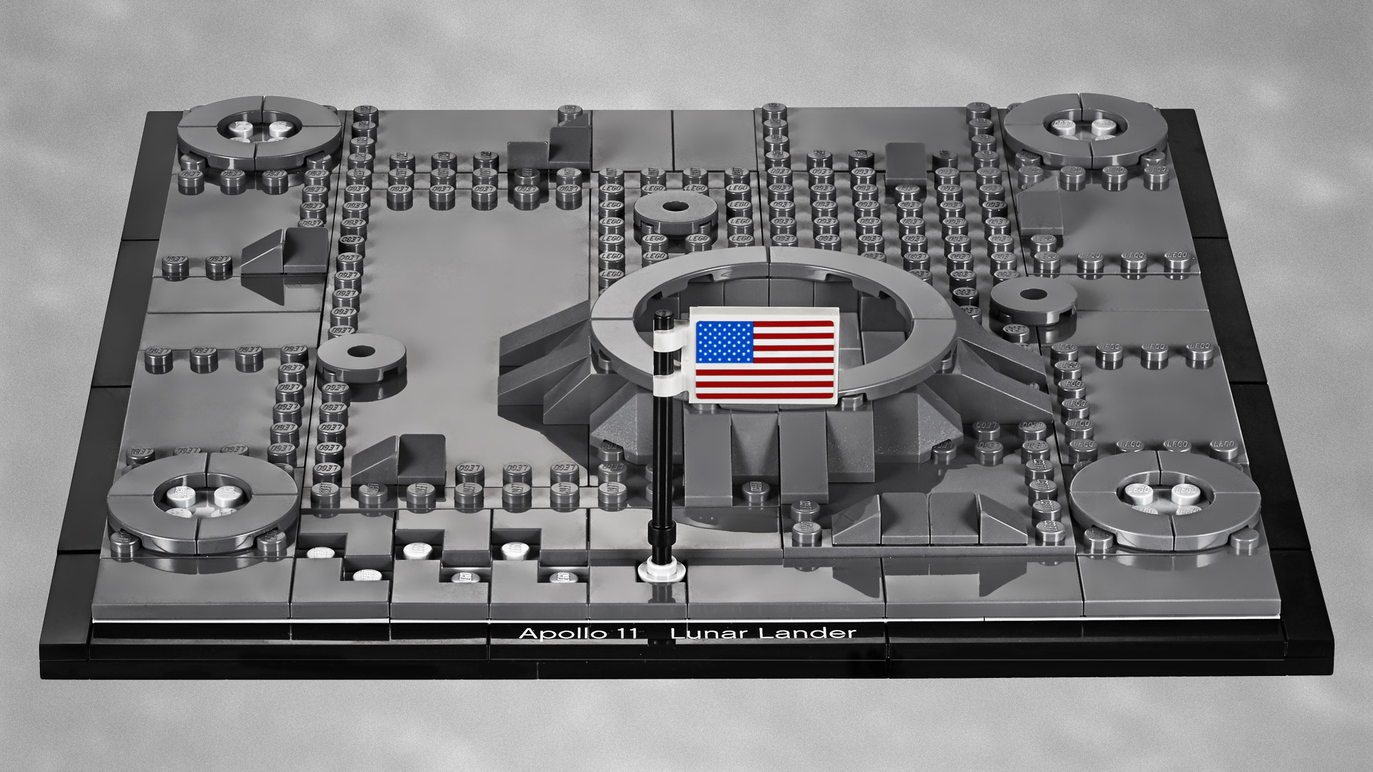A Lego lunar landscape awaits the Creator Apollo 11 Lunar Lander in this view. The brick-built landscape is the base for the 2019 model.