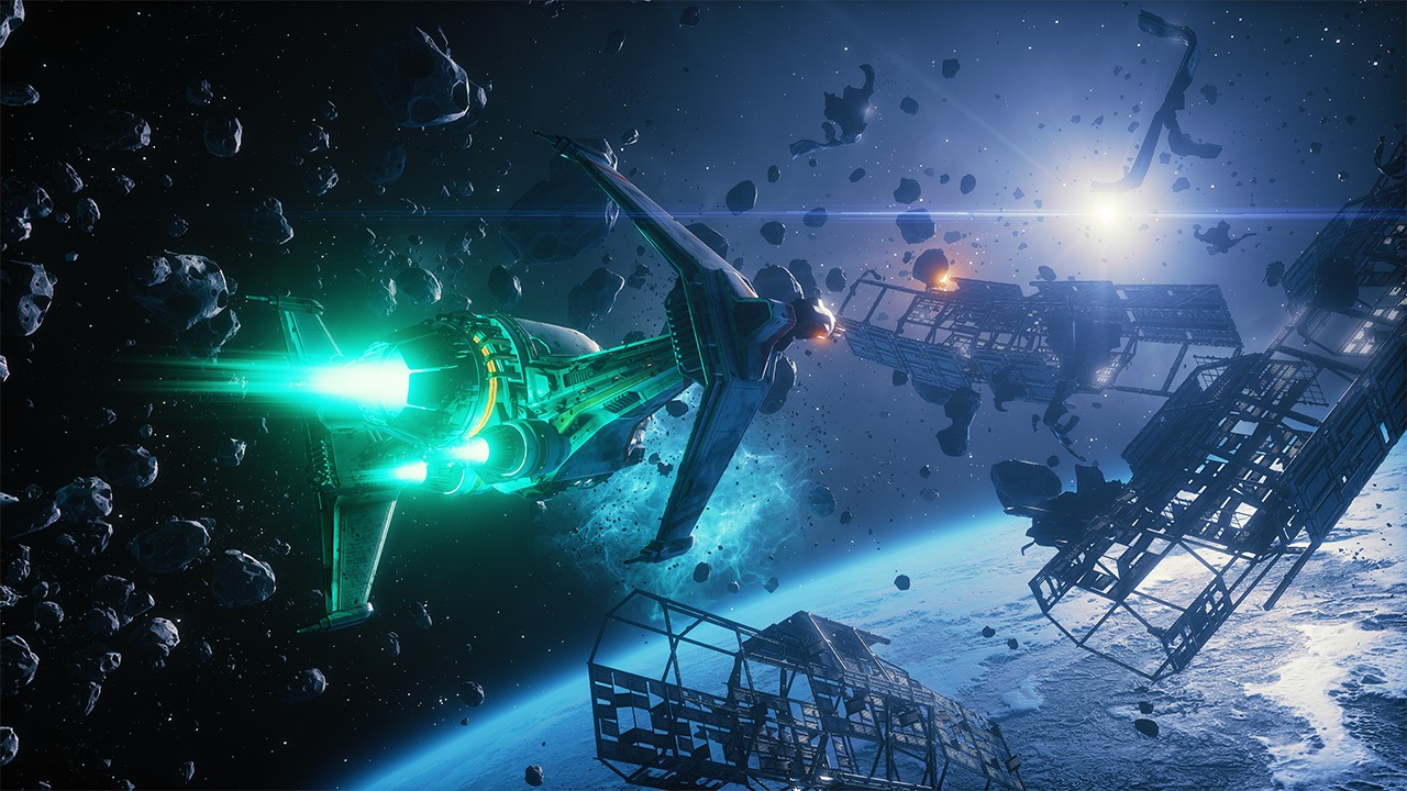Still from the video game Everspace – Stellar Edition. A spaceship is flying through the broken debris of a satellite and some asteroids.