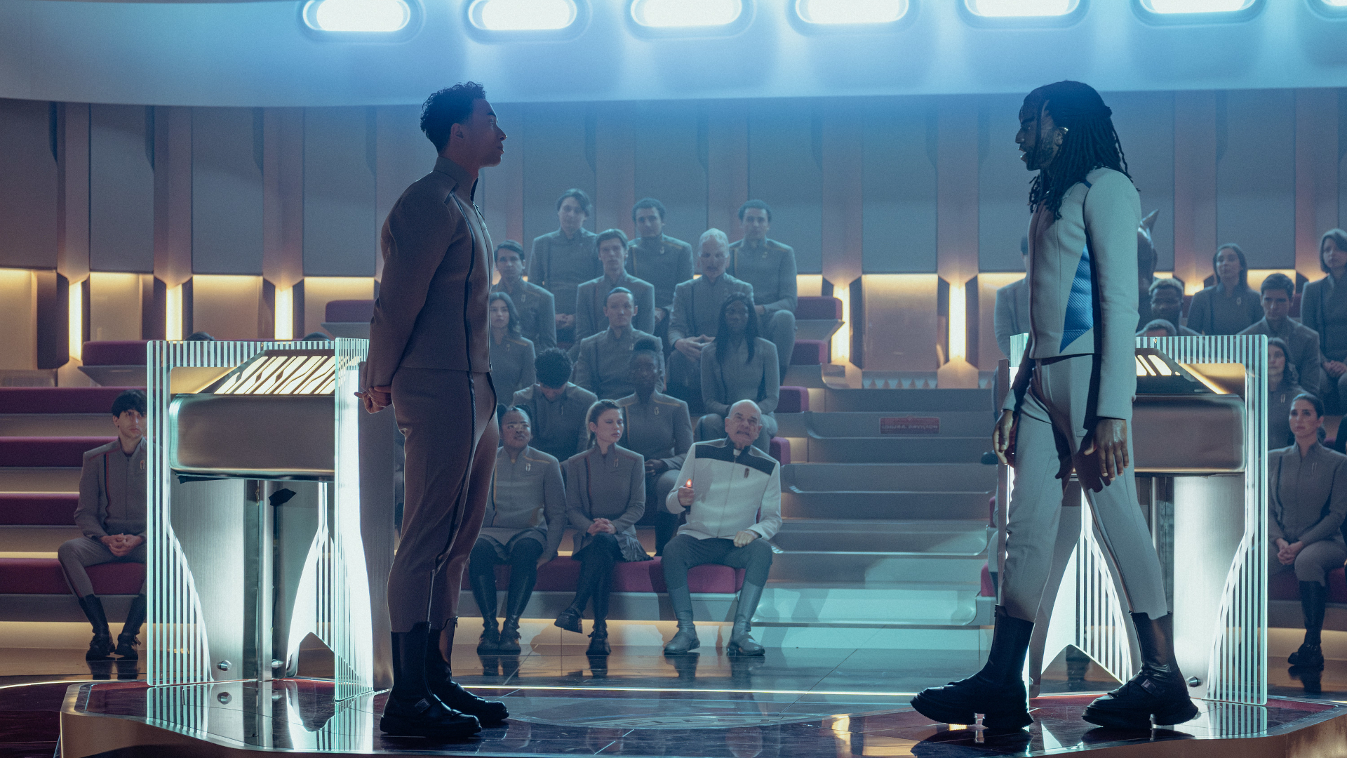 Sandro Rosta as Caleb and Karim DianÈ as Jay-Den in Star Trek: Starfleet Academy, episode 4, season 1, streaming on Paramount+, 3035. Photo Credit: Brooke Palmer/Paramount+.