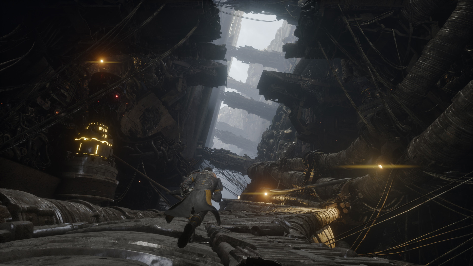 Screenshot from the video game Saros showing a man running through alien architecture, with high walls on both sides of him.