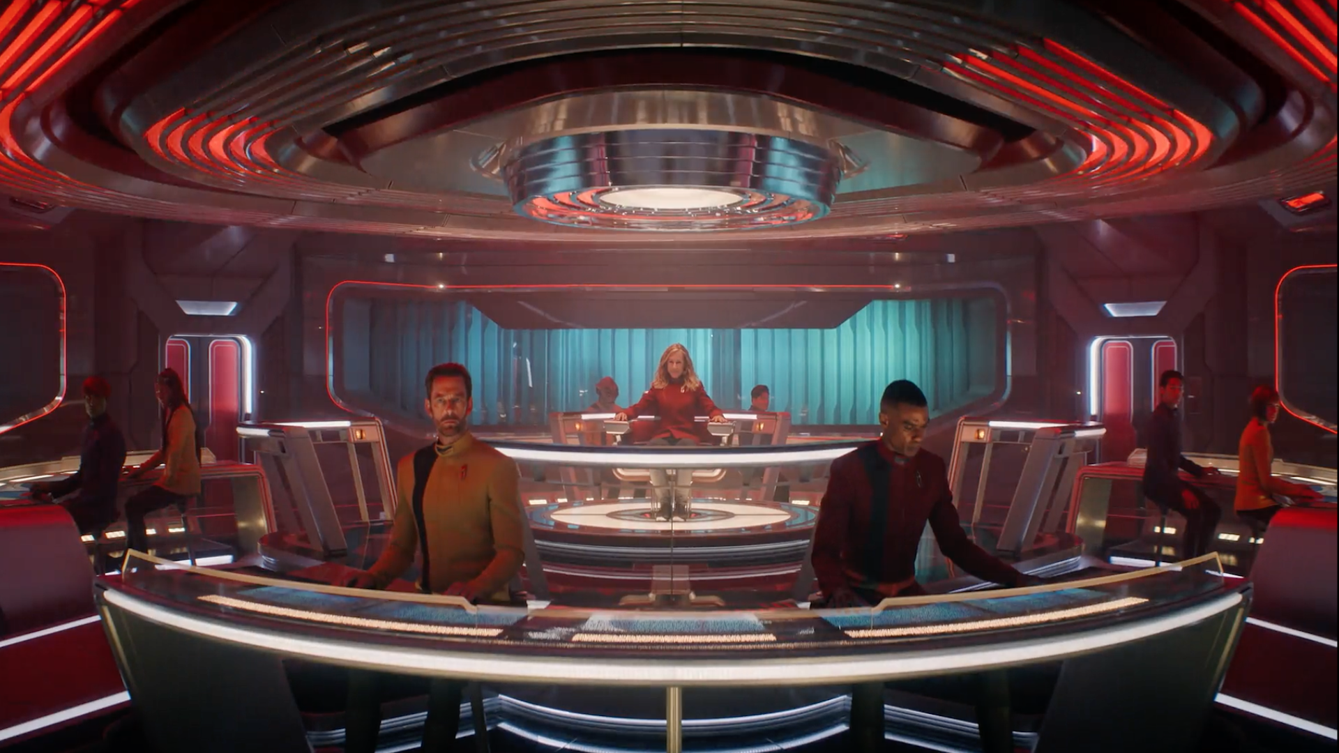 the shiny interior bridge of a sci-fi starship