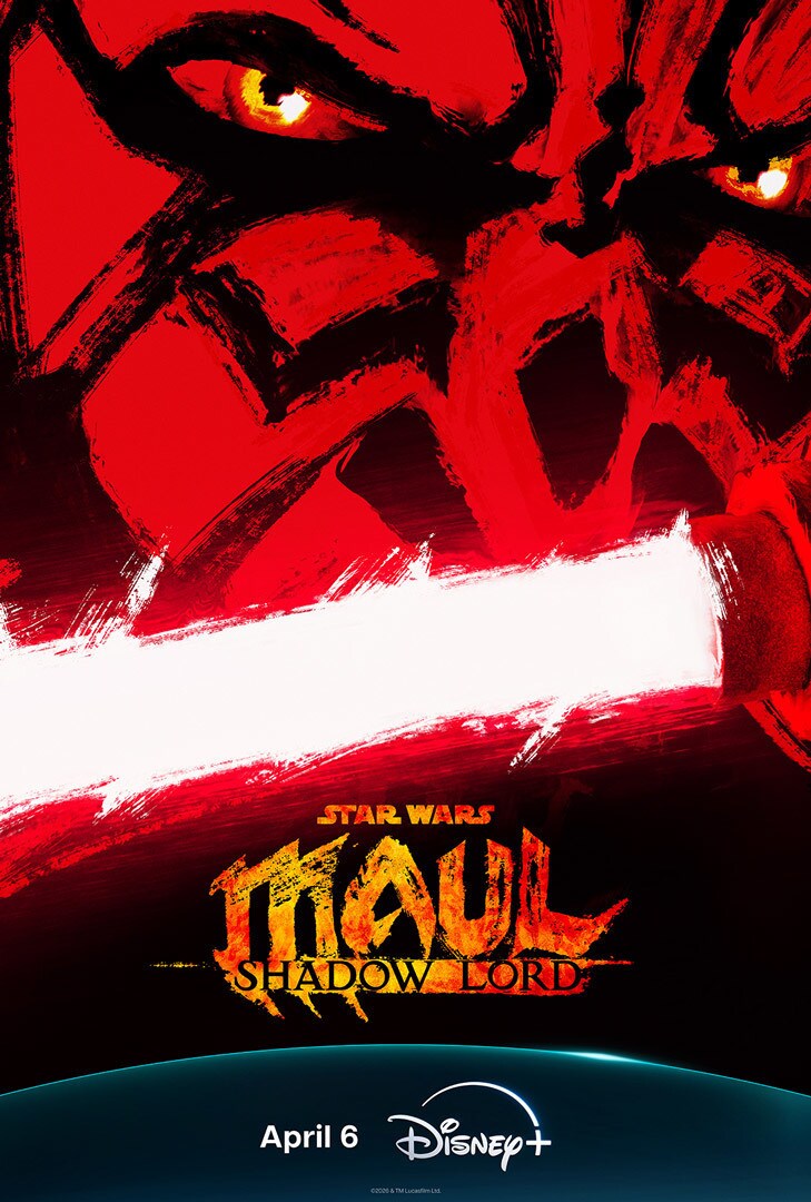 Poster for 'Star Wars: Maul – Shadow Lord' showing a close-up of Darth Maul's face with a lightsaber beam across it.