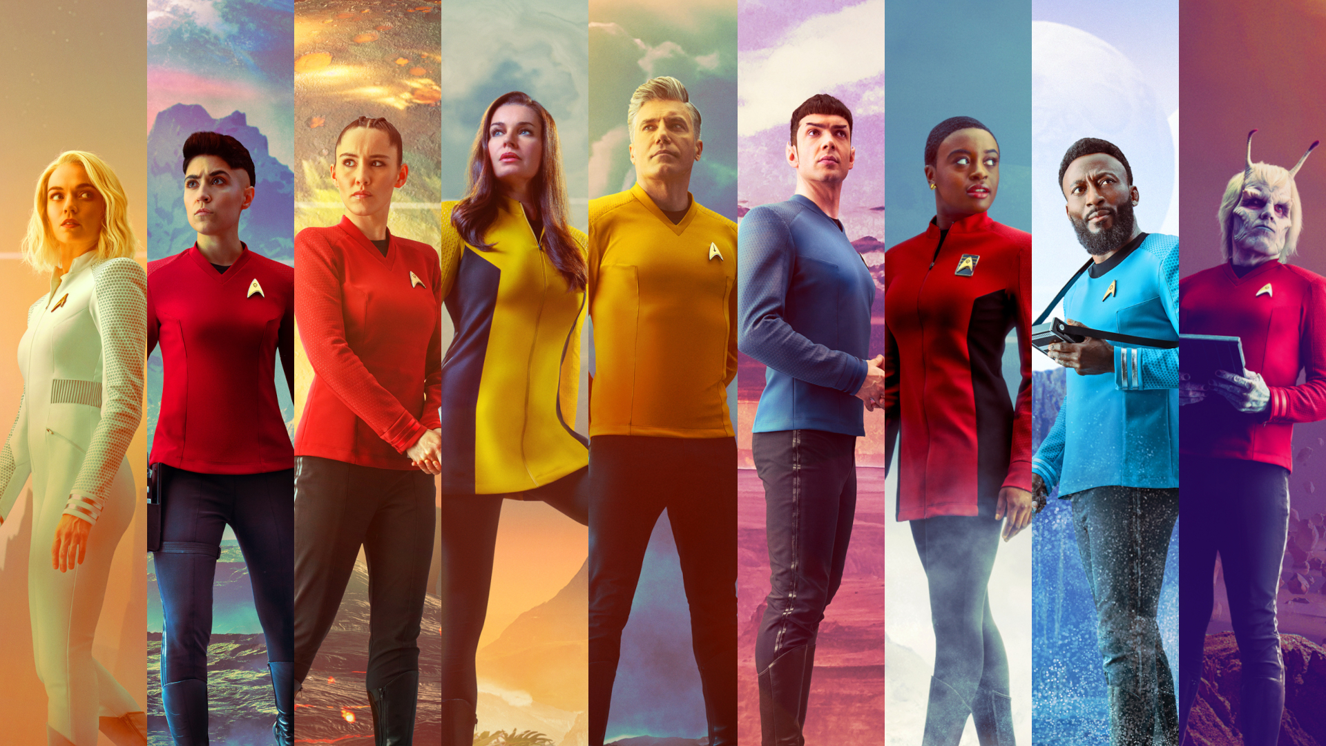 Star Trek Strange New Worlds cast (Left to Right):  Nurse Christine Chapel (Jess Bush), Erica Ortegas (Melissa Navia), La'An Noonien Singh (Christina Chong), Una Chin-Riley (Rebecca Romijn), Christopher Pike (Anson Mount), Spock (Ethan Peck), Nyota Uhura (Celia Rose Gooding), Joseph M'Benga (Babs Olusanmokun), and Lt Hemmer (Bruce Horak).