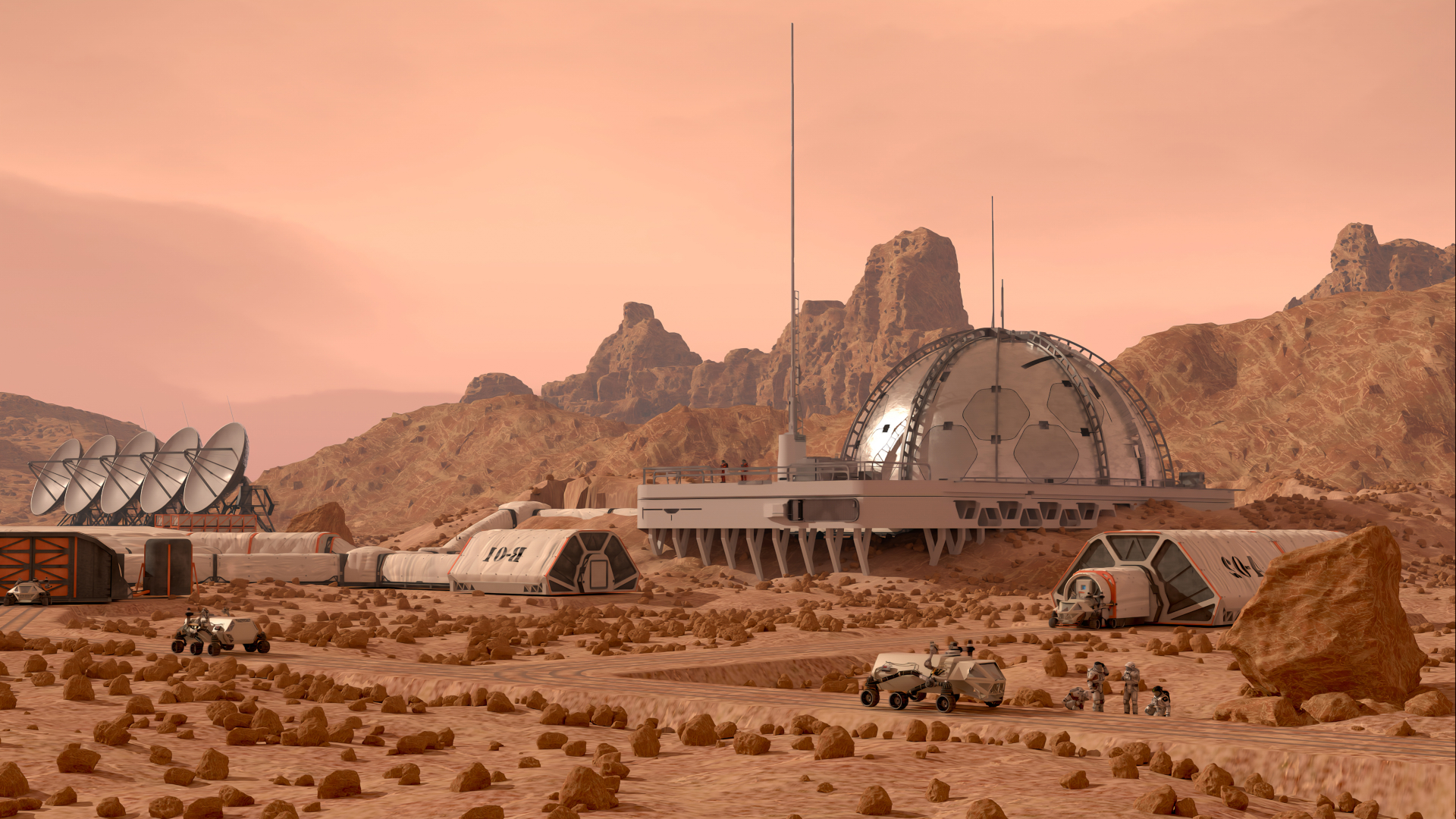3D rendered illustration of a Mars base camp, with habitation domes, rovers, communication antennas, and working astronauts.