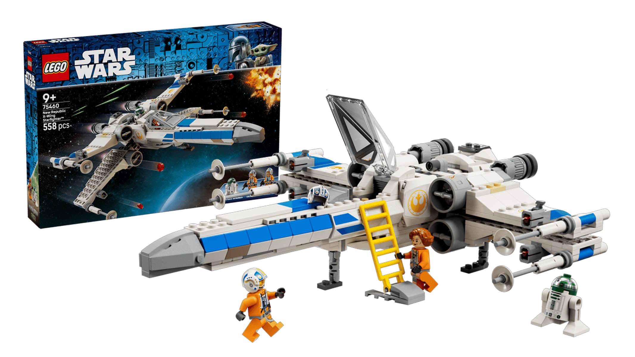 A white and blue spaceship is in brick-built form, with minifigures in front of it and a blue product box behind it.