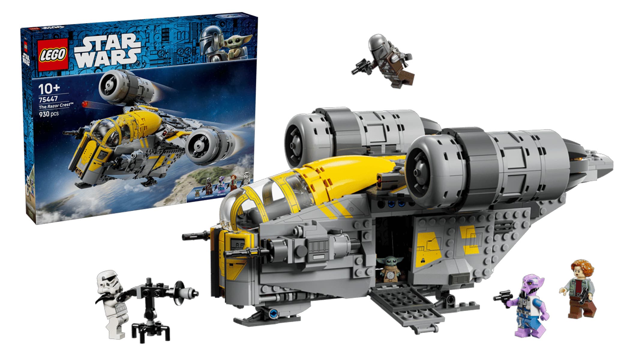 A yellow and gray spaceship is surrounded by minifigures and a blue product box, all on a white background.