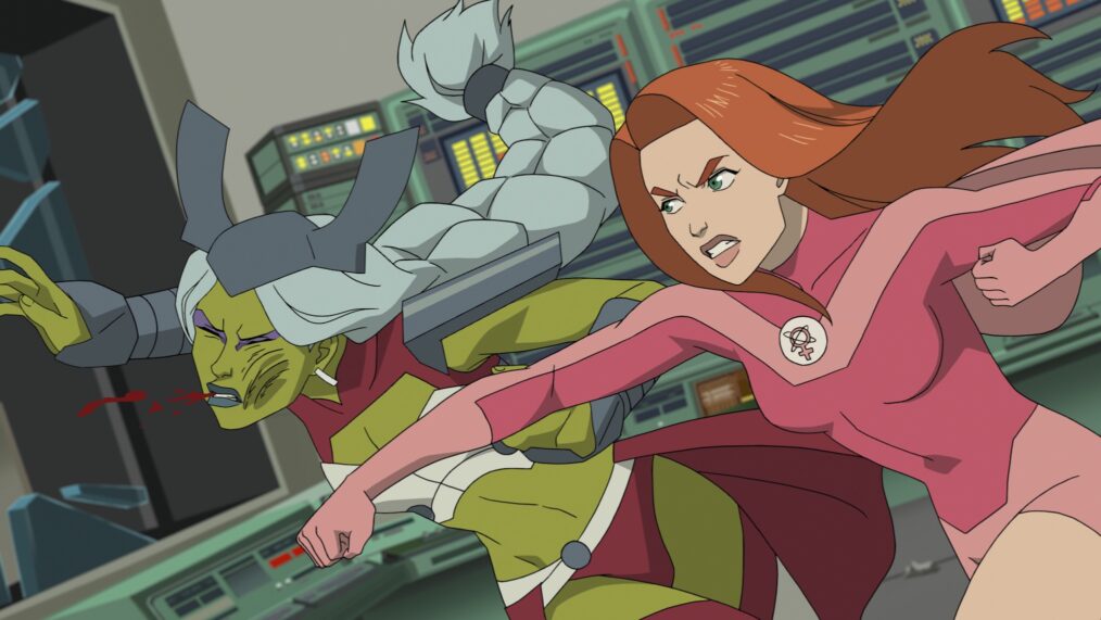 two female superheroes in a fistfight