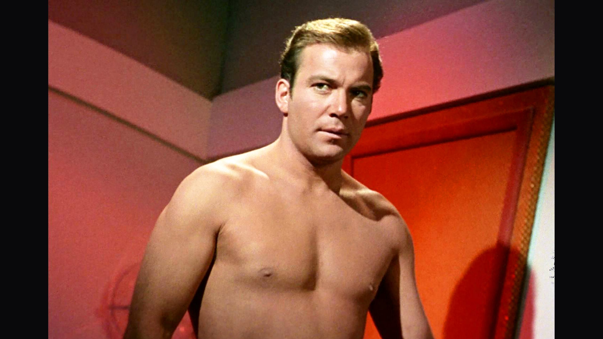 A shirtless William Shatner as Captain James T. Kirk ) in the STAR TREK episode, 