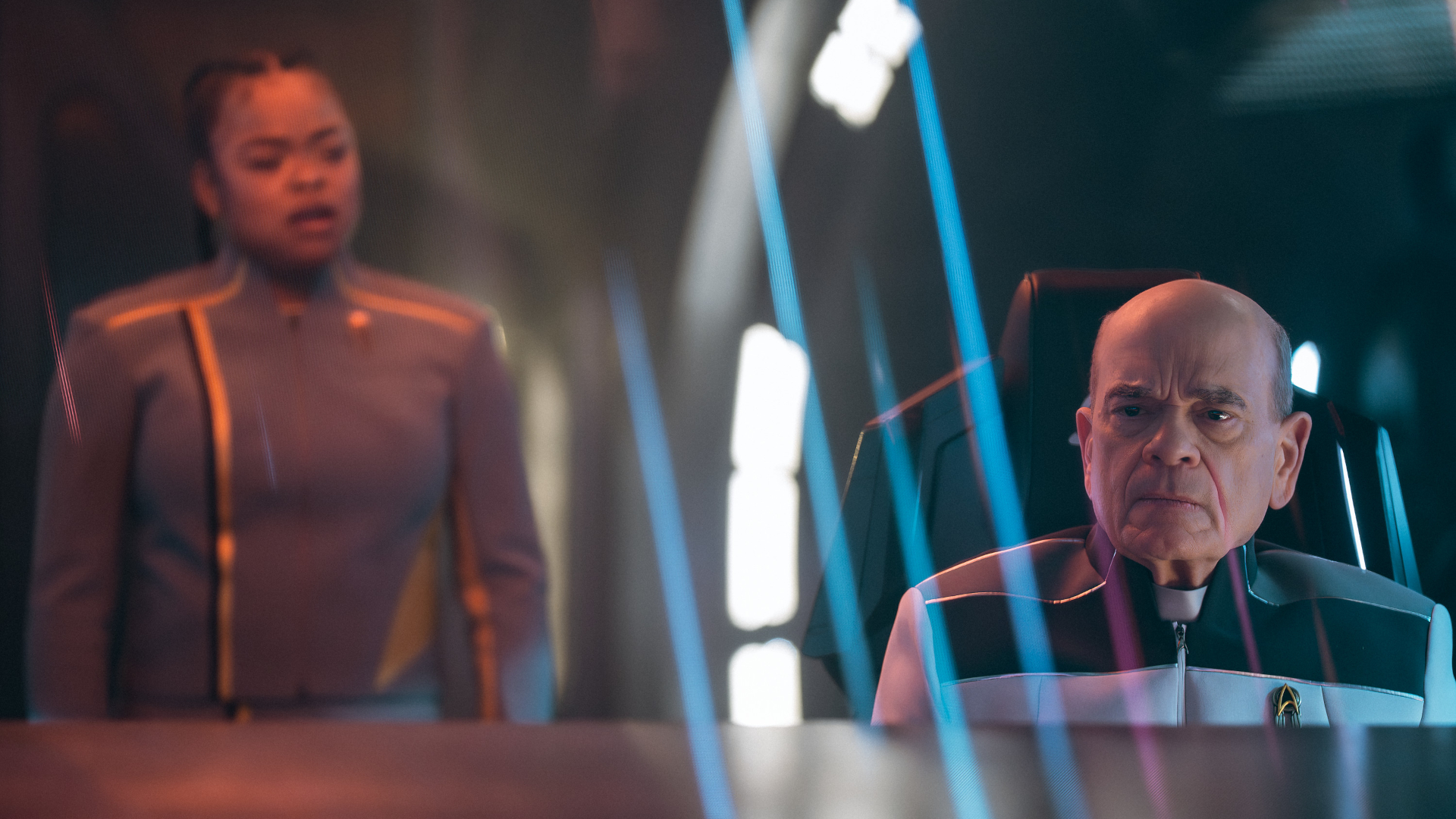 L-R: Kerrice Brooks as SAM and Robert Picardo as The Doctor in season 1, episode 8, of Star Trek: Starfleet Academy streaming on Paramount+. Photo Credit: John Medland/Paramount+