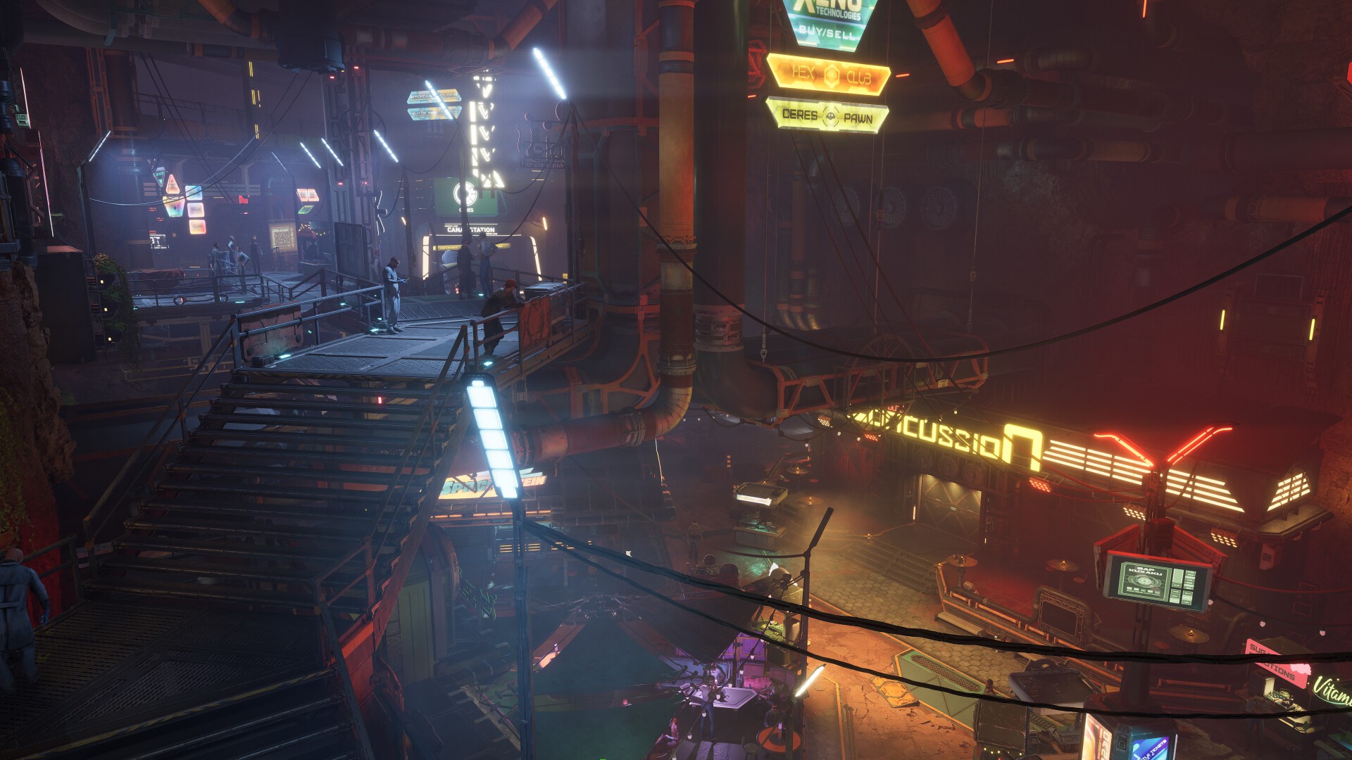 Screenshot from the sci-fi video game The Expanse: Osiris Reborn. It shows a multi-level cyberpunk marketplace with neon signs.