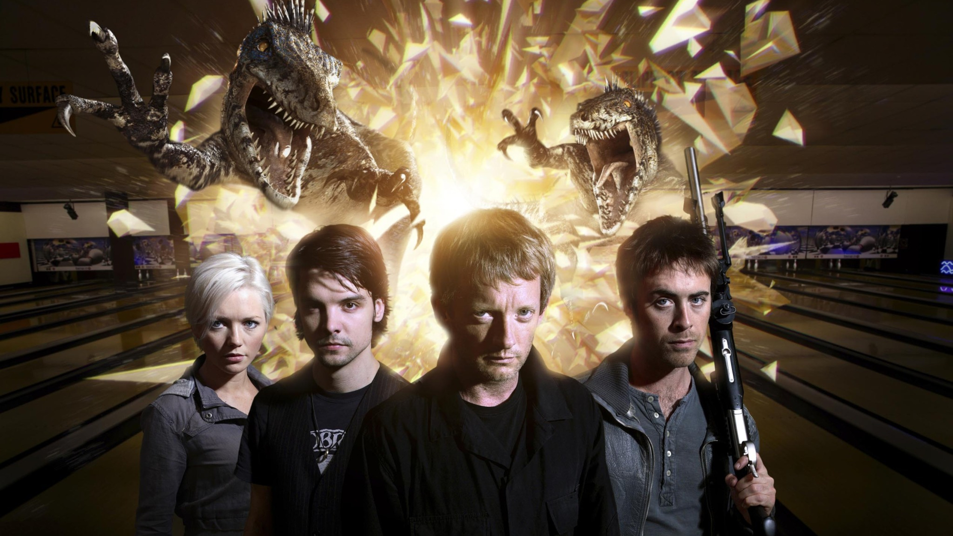 Promotional art showing the cast of Primeval, with two dinosaurs emerging from an anomaly behind them.