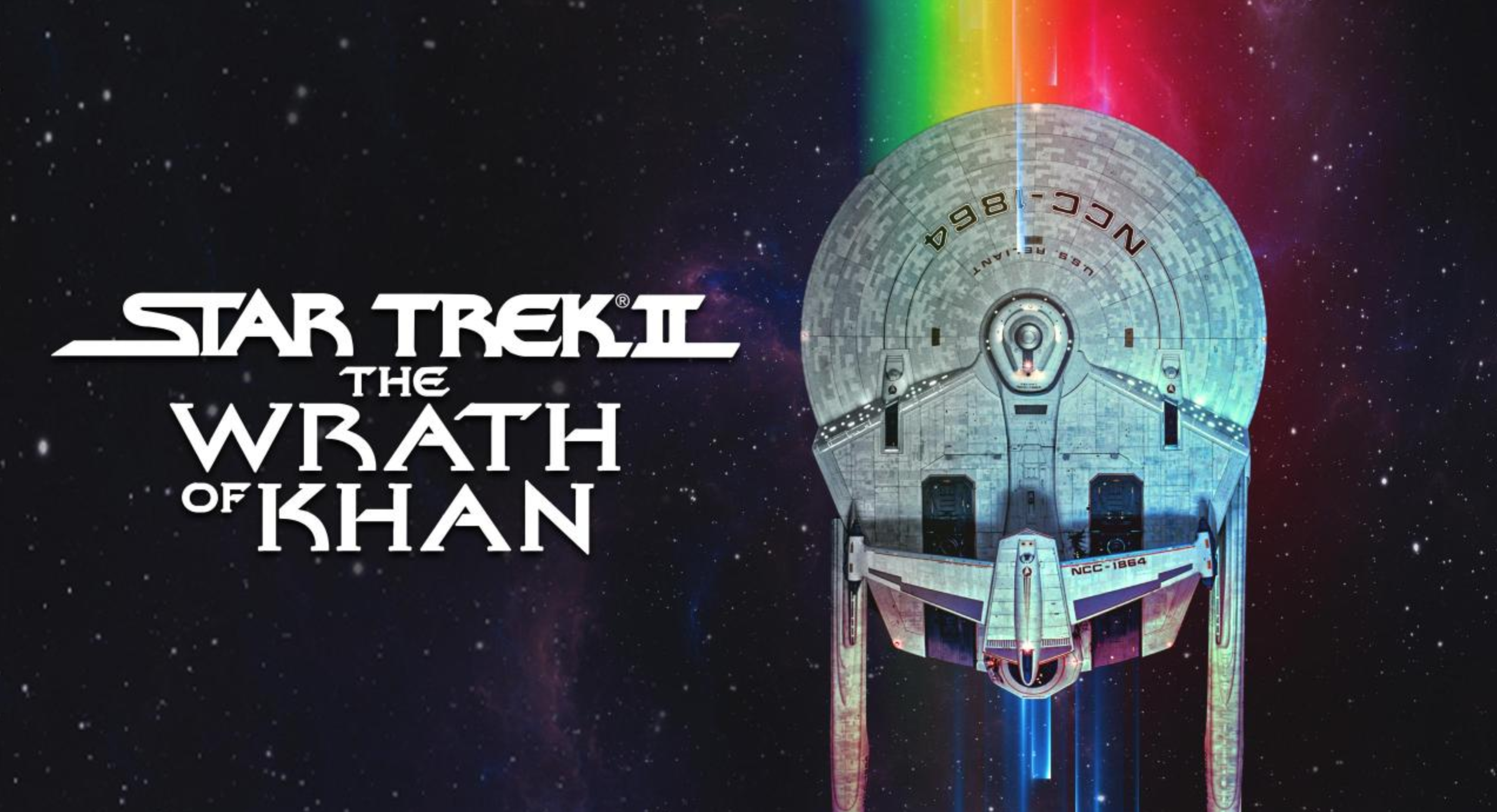 a spaceship with a rainbow effect on a movie poster