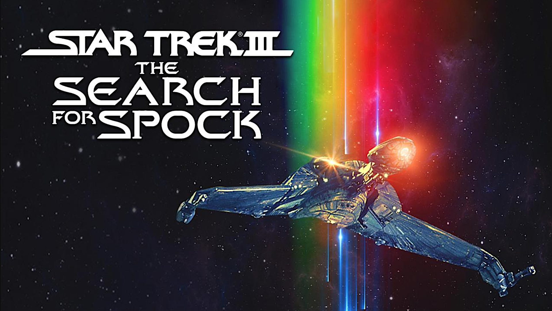 movie poster of a starship in space with a rainbow effect