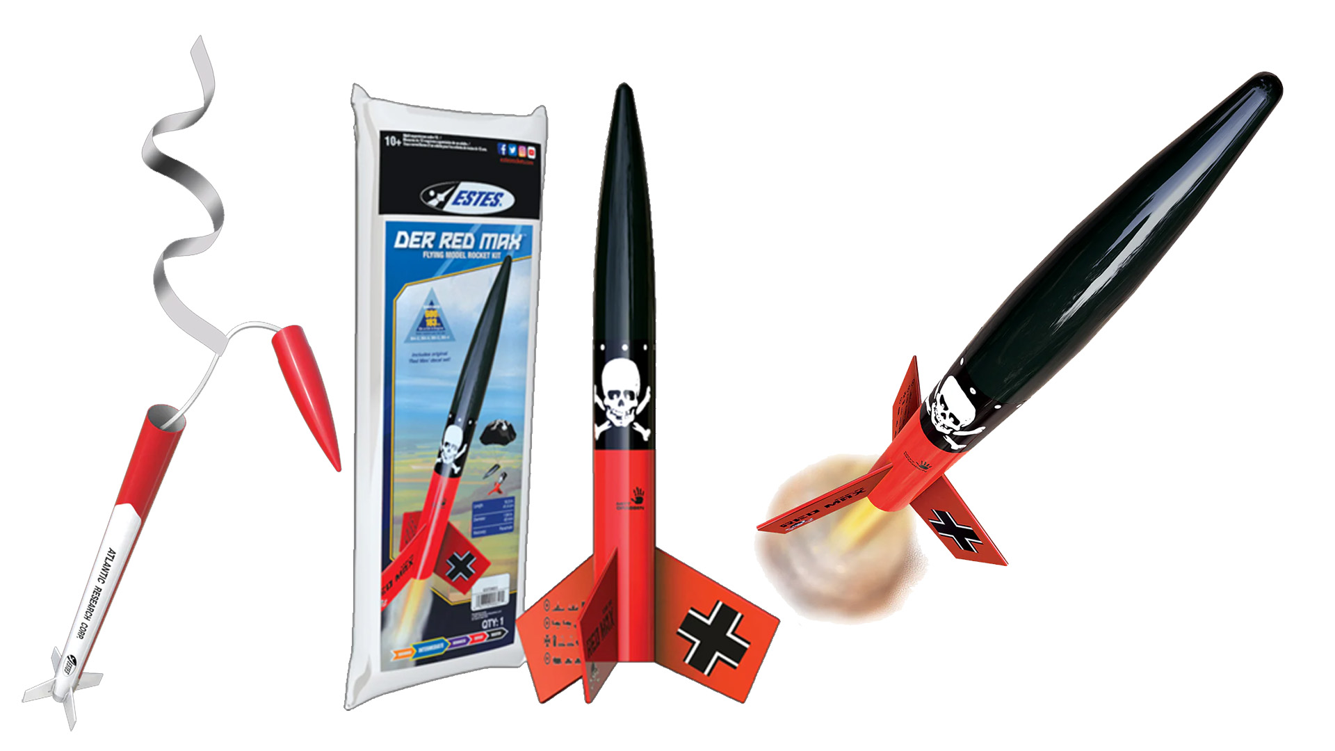 An Estes 2441 Rocket shown in packet, taking off, and with mylar cord attached.