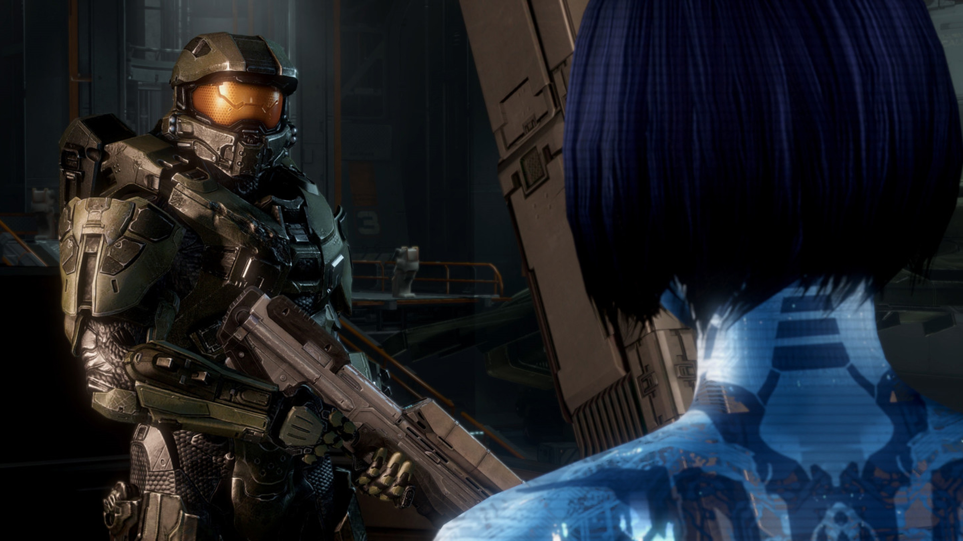 Screenshot from Halo 4 showing Cortana looking at Master Chief