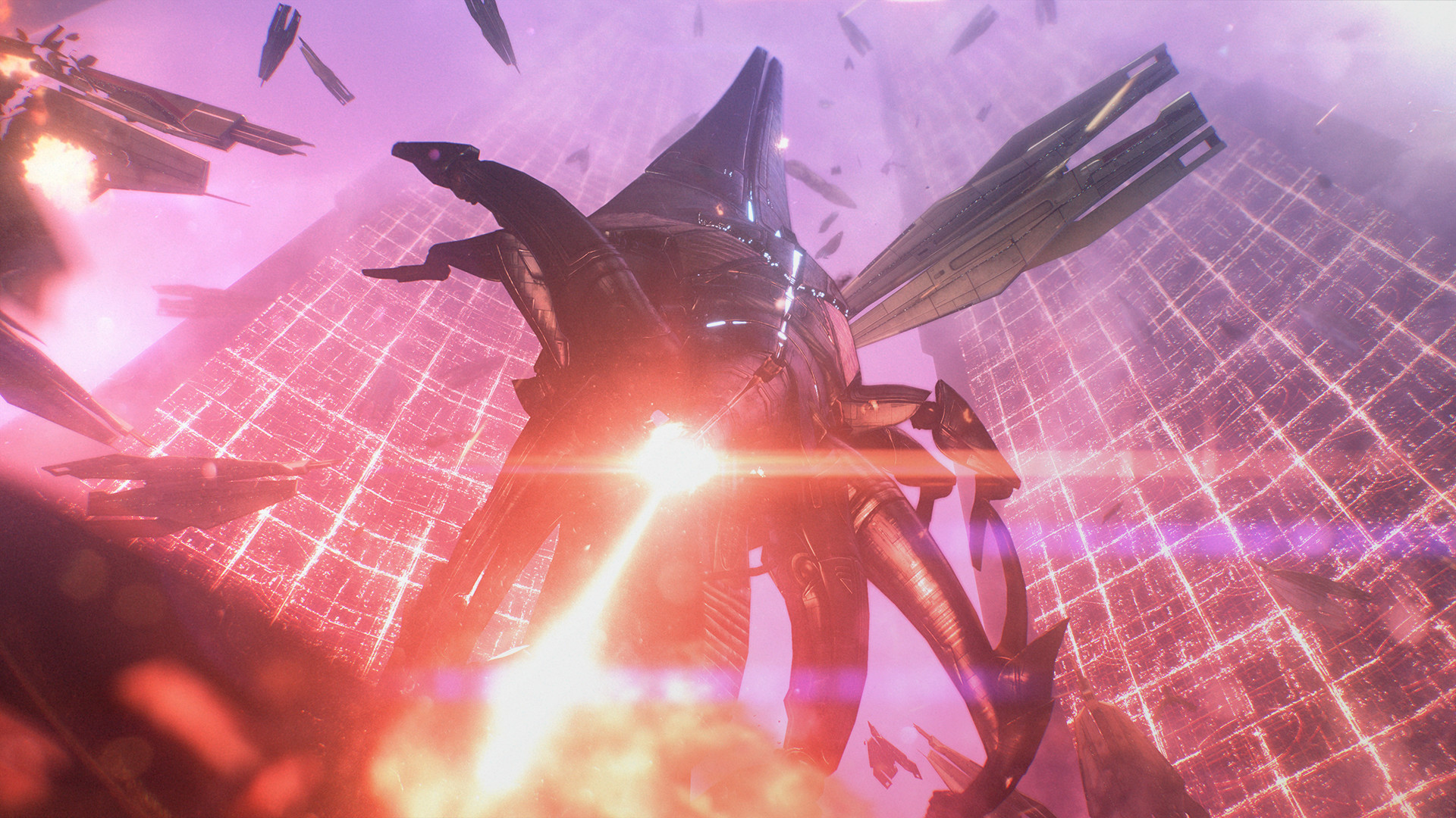 Screenshot from Mass Effect, showing a giant AI spaceship called a Reaper attacking a space station with a laser weapon.