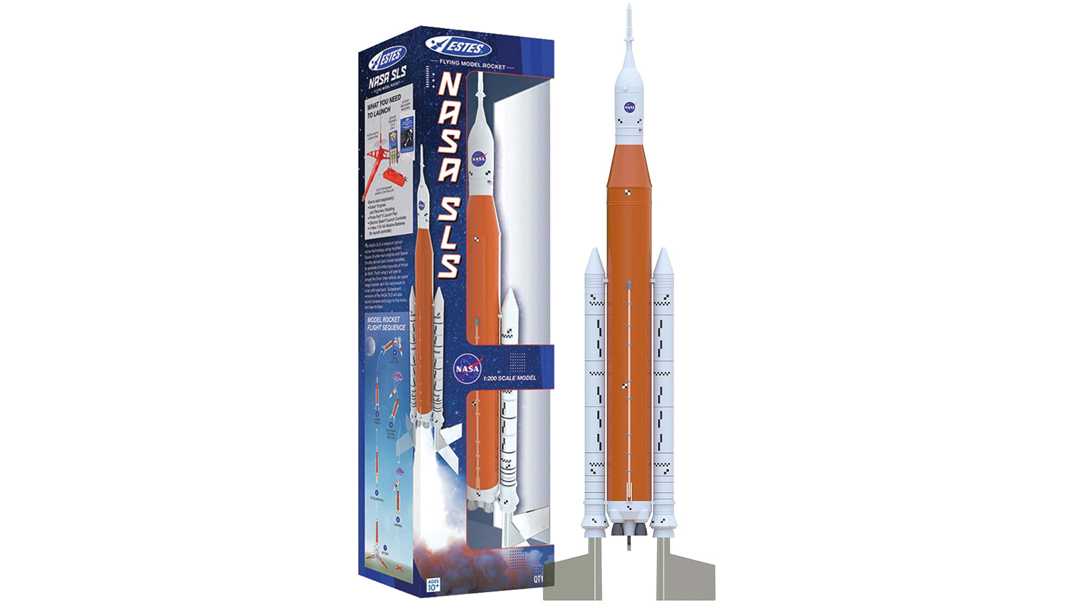 An orange roket with a white pointy tip is standing next to its blue product box which reads 