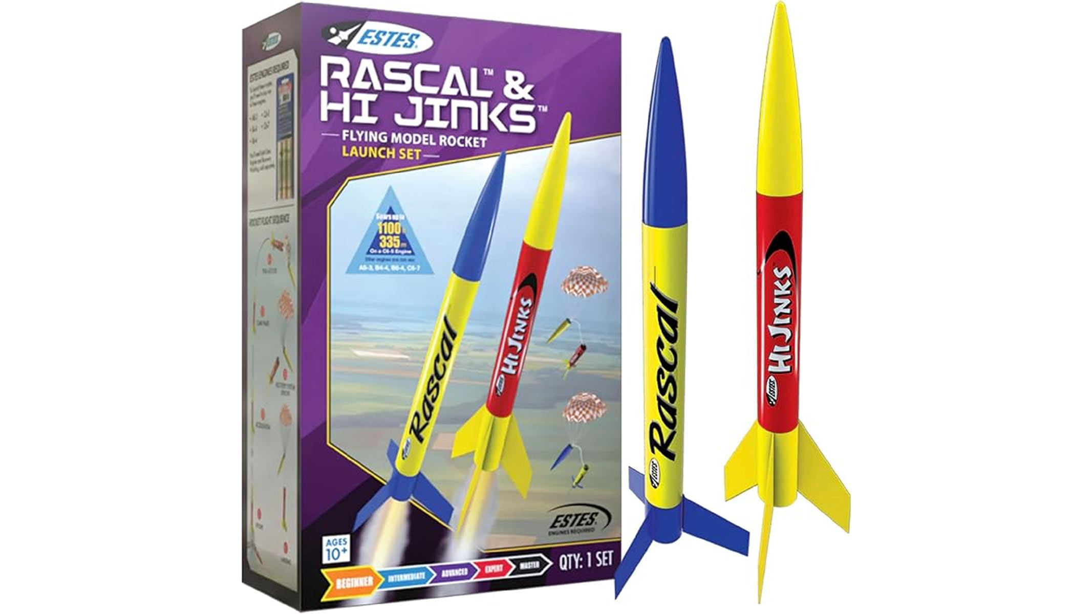 A yellow and blue, and a yellow and red rocket are stood upright next to a purple box all on a white background.