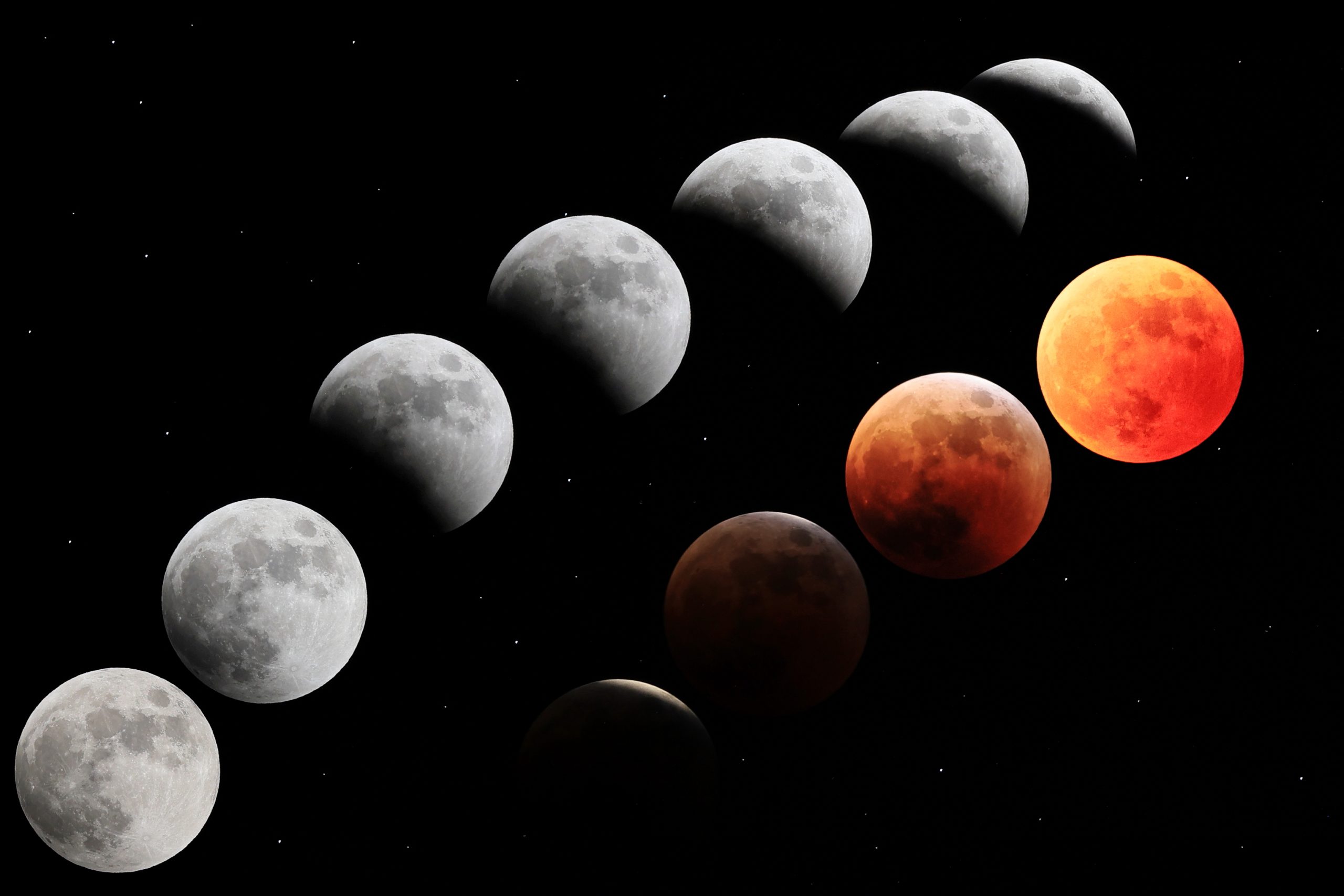 multiple exposures of a total lunar eclipse with varying stages showing the moon turn progressively more red.