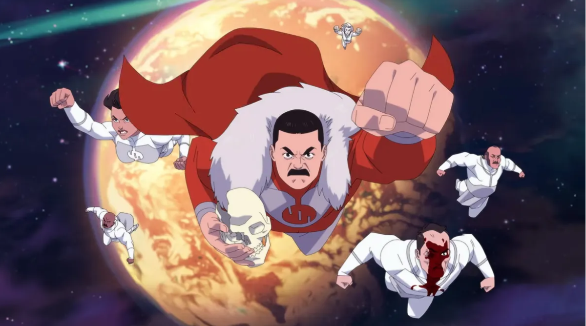 a red and white costumed superhero in flight