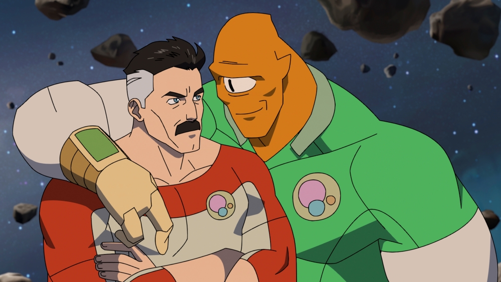 an animated human superhero and a cyclops alien stand together