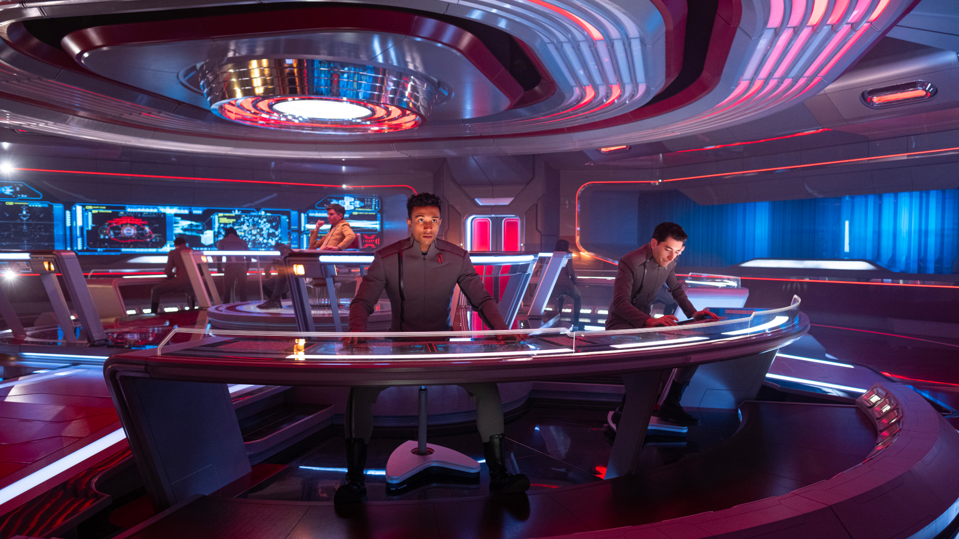 L-R: Tig Notaro as Jett Reno, Sandro Rosta as Caleb Mir and Romeo Carere as Ocam in season 1 , episode 8 of Star Trek: Starfleet Academy streaming on Paramount+. Photo Credit: Brooke Palmer/Paramount+