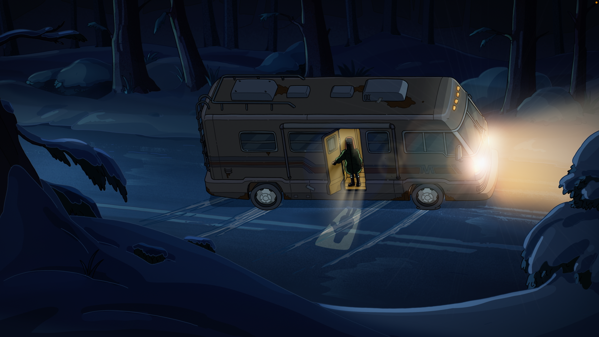 A camper van with headlights on, driving through the snow. 