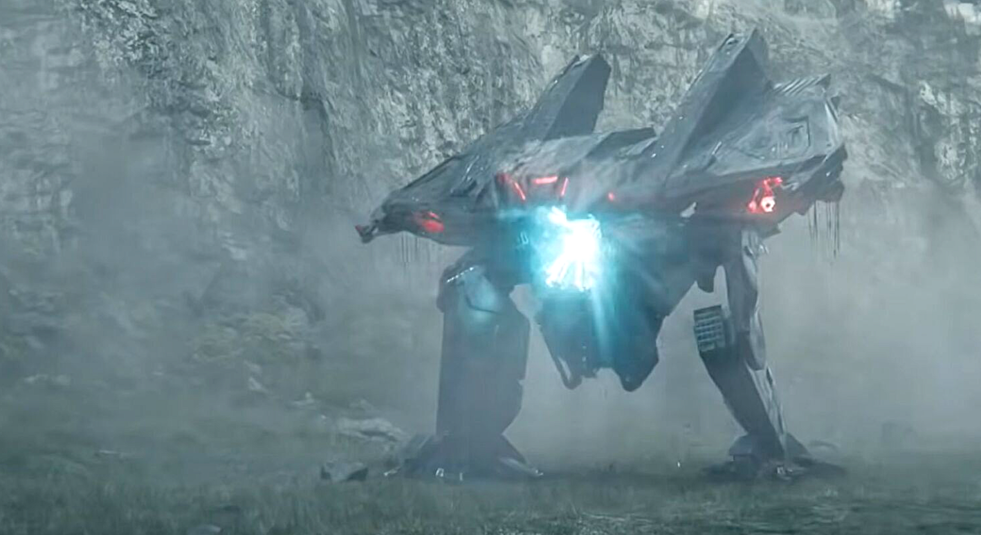 an alien engine of war fires a blue weapon