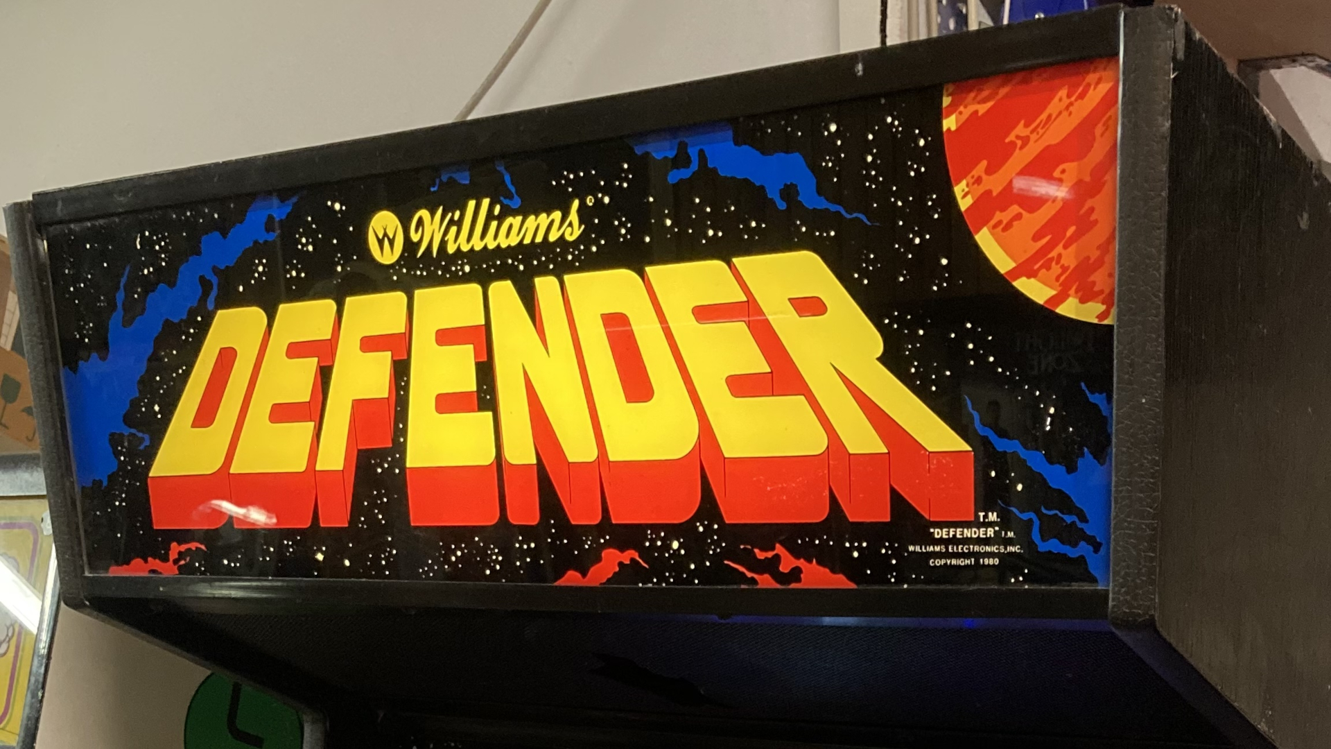 1981 Williams Defender video game. Restored upright arcade model showing attract mode of the latest (Red Label) ROM version.