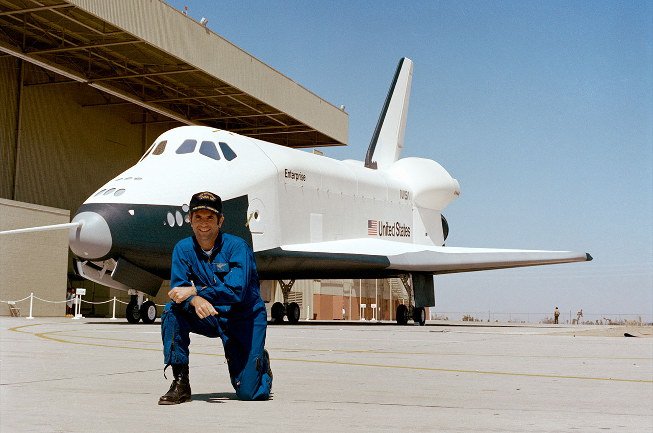 Approach and Landing Test (ALT) pilot Richard Truly with the space shuttle orbiter Enterprise in Palmdale, California in 1976.