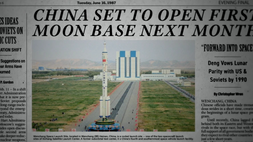 A newspaper clipping about China building their first moon base, shown in the sci-fi TV show 