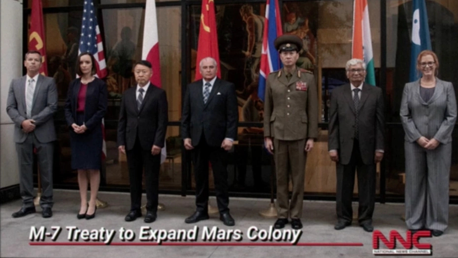 Leaders from seven nations stood in front of their respective flags, announcing the Mars 7 peace treaty in sci-fi show 