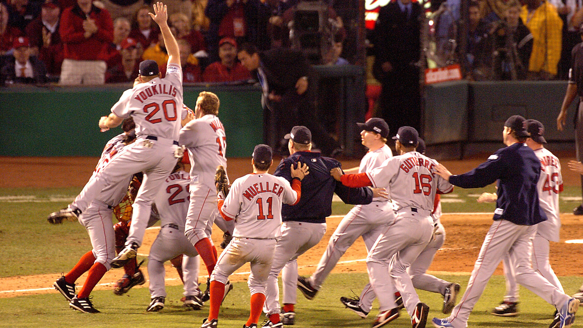 Boston Red Sox v St. Louis Cardinals in Game 4 of the World Series at Busch Stadium in St. Louis Wednesday. The Red Sox celebrate the win. (27 October, 2004)