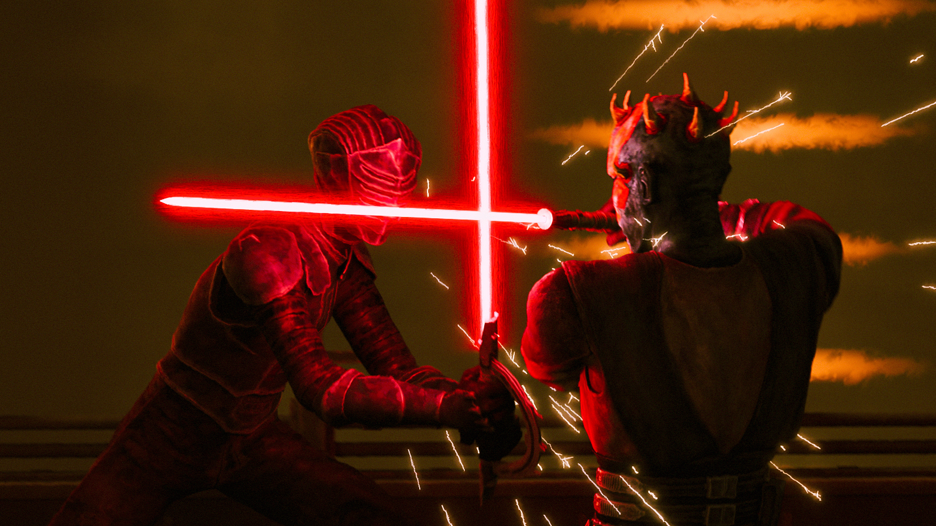 Darth Maul in a lightsaber duel with a masked assailant from Lucasfilm's STAR WARS: MAUL - SHADOW LORD.