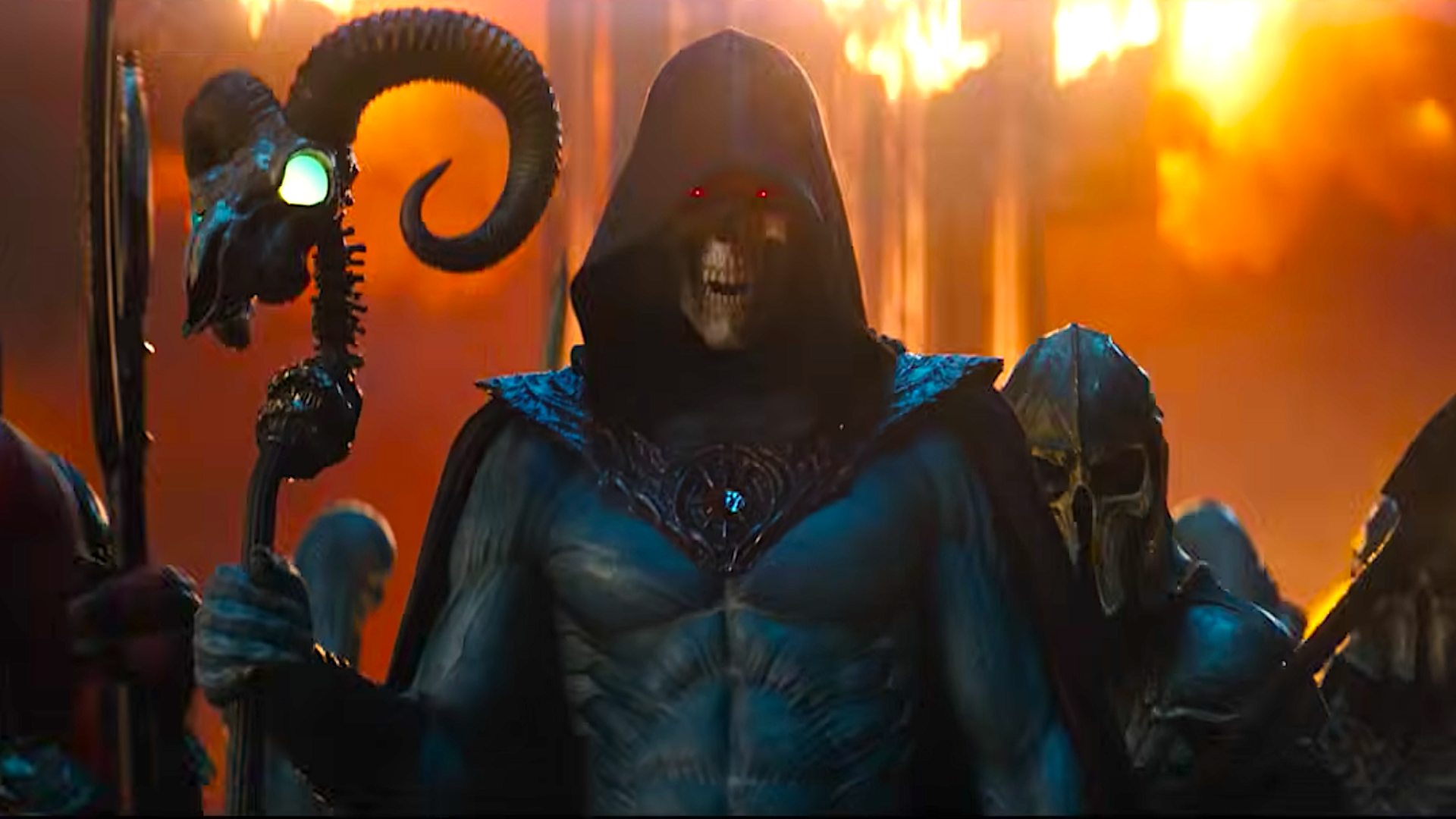 a skeleton-faced villain in a sci-fi fantasy film