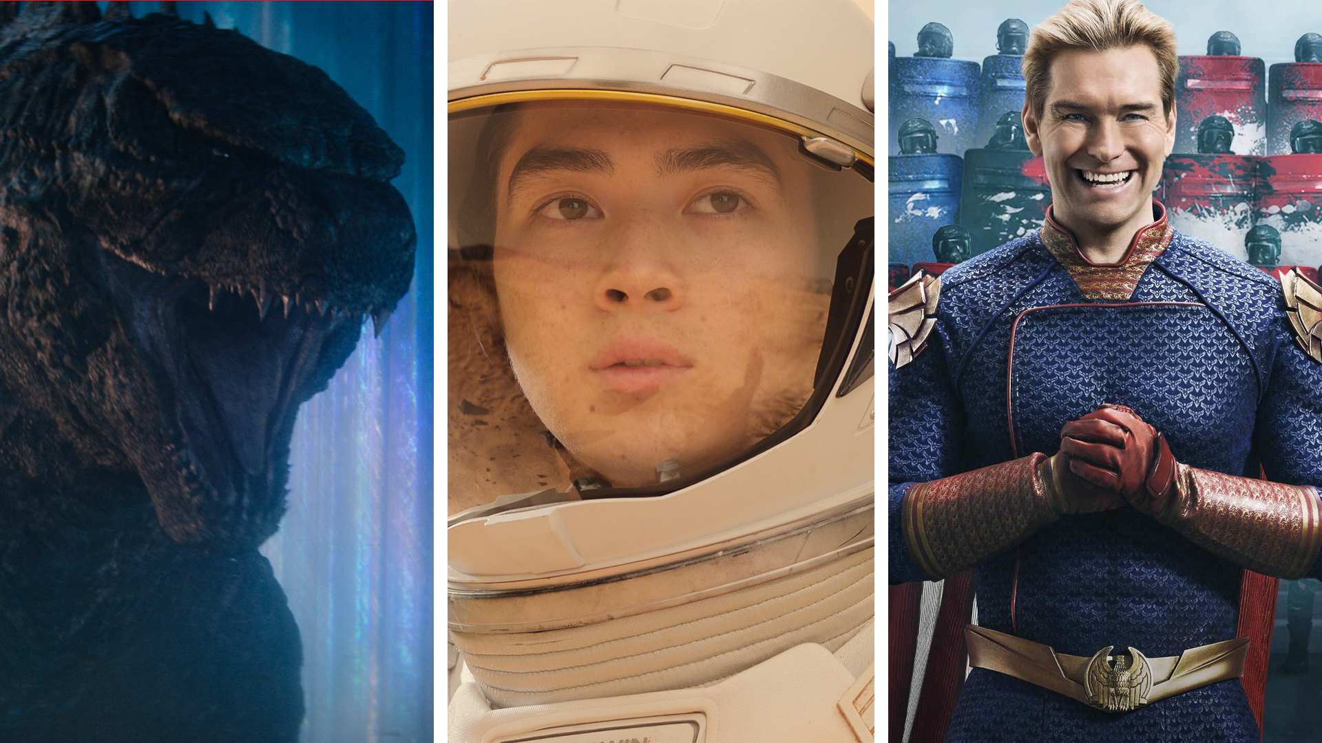 A split image showing three upcoming sci-fi shows: Monarch: Legacy of Monsters, For All Mankind, and The Boys