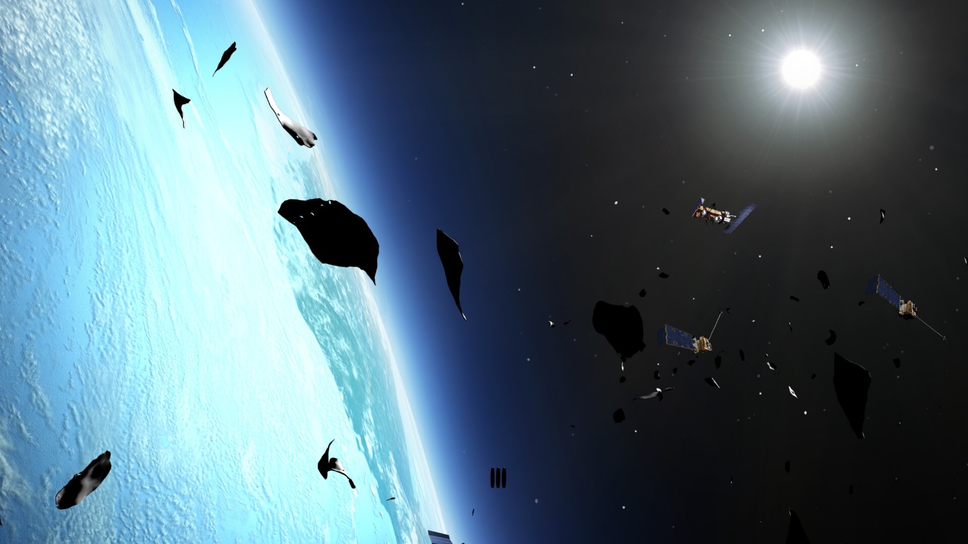 jagged pieces of metal float above a blue and white planet