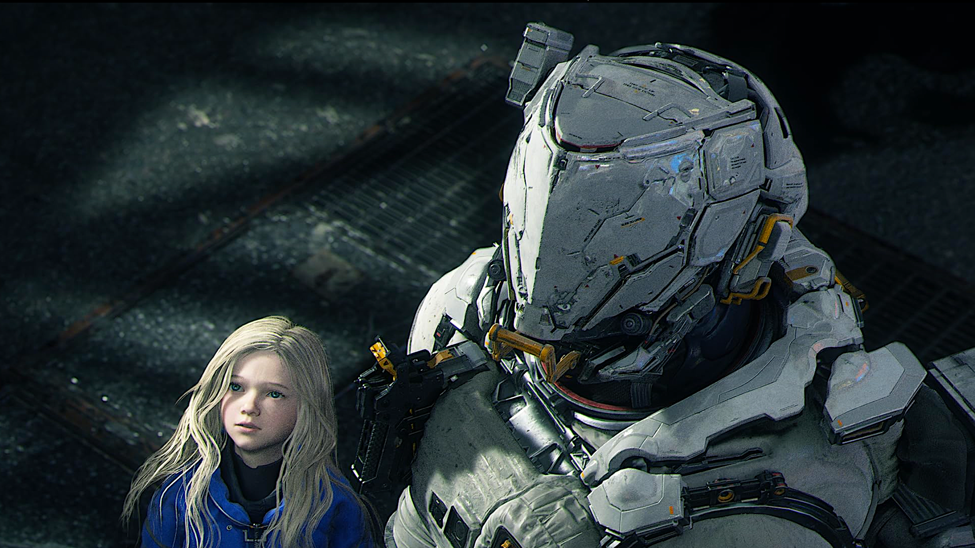 an android girl and a spaceman looking skyward