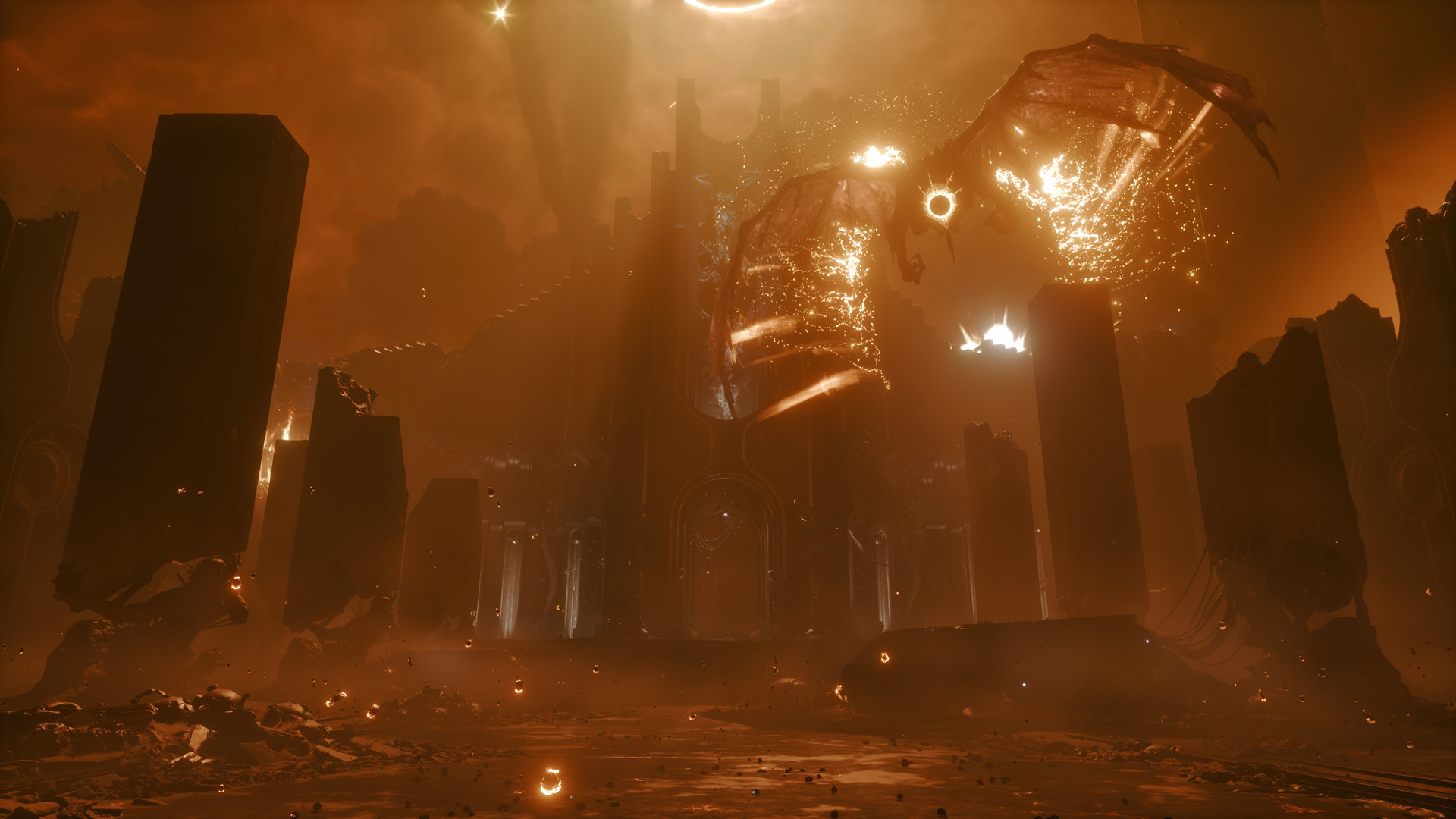 Screenshot from the video game Saros, showing a dragon-like creature flying overing an alien landscape filled with black obelisks. The sky is dark and there is an orange hue to the image.