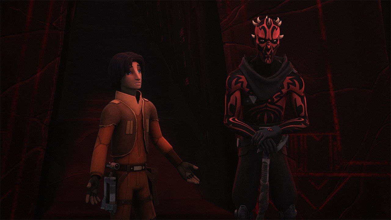 Screenshot from the animated T.V. show Star Wars Rebels showing Ezra Bridger looking questioningly at Darth Maul in front of him.
