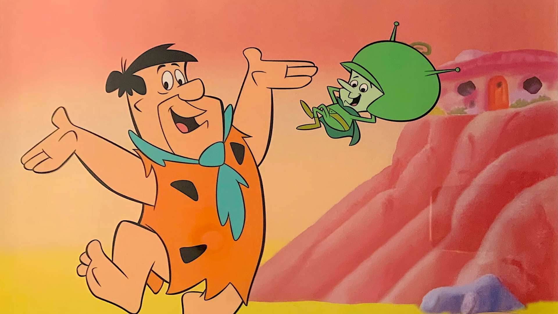 a cartoon caveman and a green floating alien